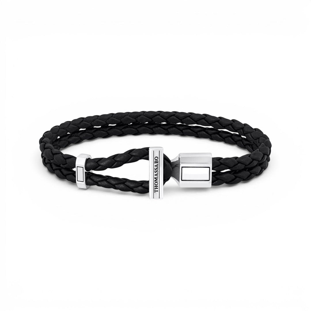 Niche Jewellery Thomas Sabo double braided black leather bracelet with a blackened recycled silver toggle clasp.