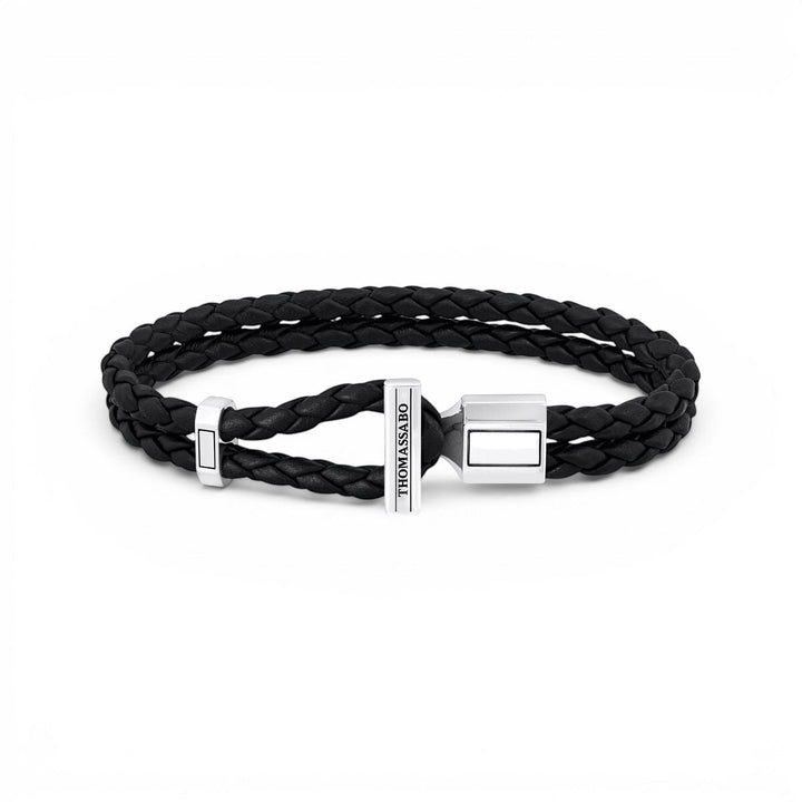 Niche Jewellery Thomas Sabo double braided black leather bracelet with a blackened recycled silver toggle clasp.