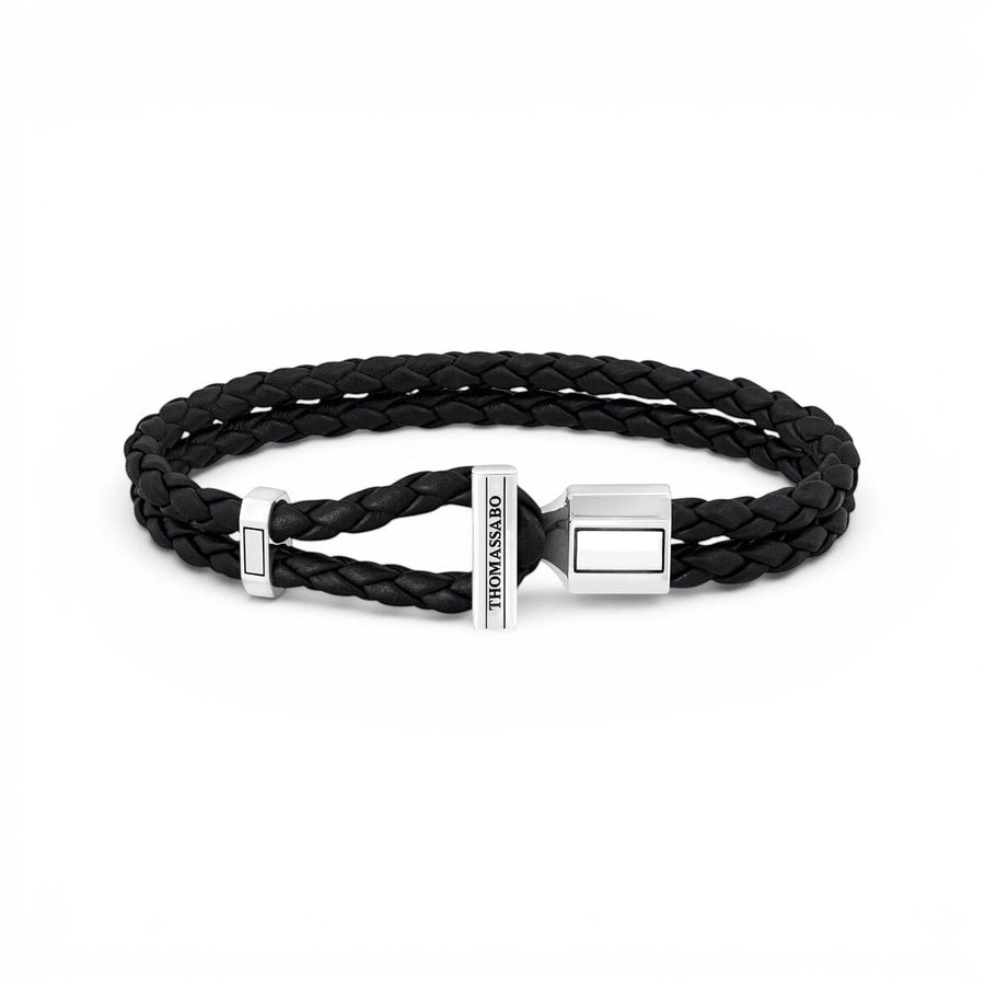 Niche Jewellery Thomas Sabo double braided black leather bracelet with a blackened recycled silver toggle clasp.