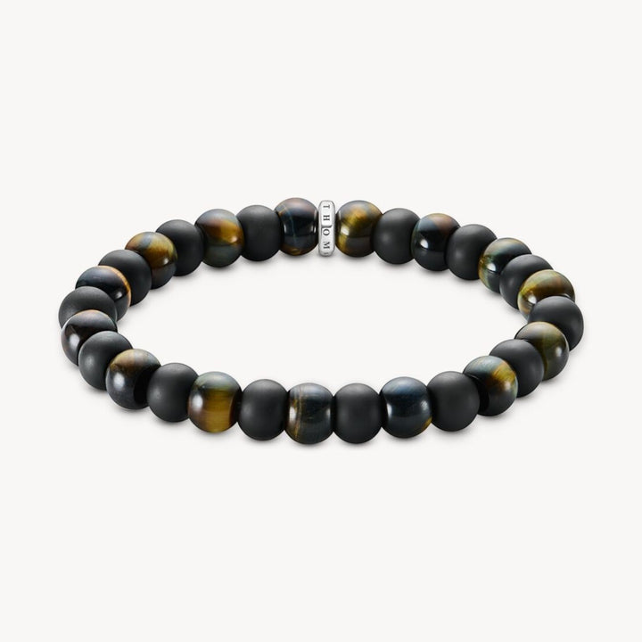 Niche Jewellery Thomas Sabo bracelet with 9mm matte obsidian and blue-gold tiger's eye beads, elasticated.