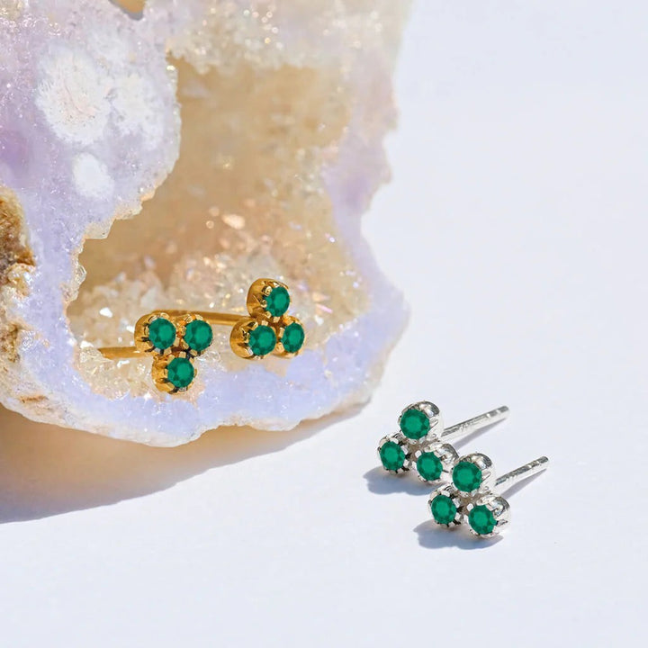 Niche Jewellery Charlotte's Web Threeni stud earrings featuring a trio of green onyx stones in silver and gold