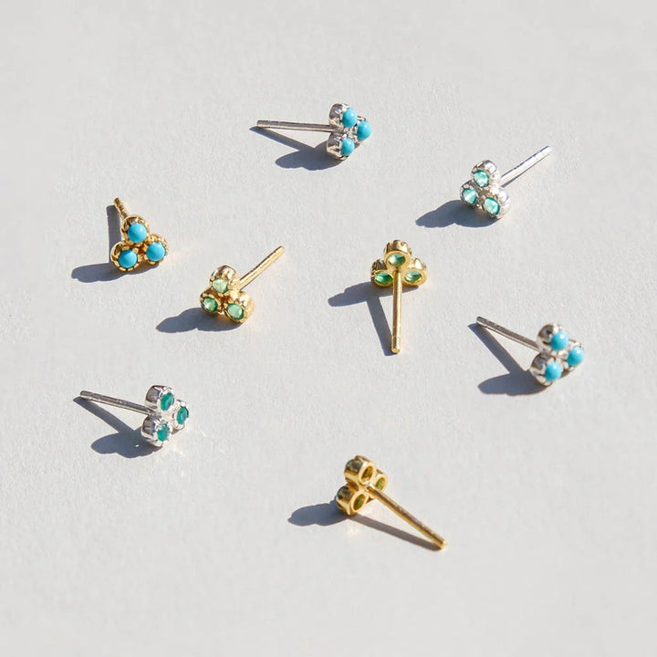 Niche Jewellery Charlotte's Web Threeni stud earrings featuring clusters of green onyx and turquoise in silver and gold