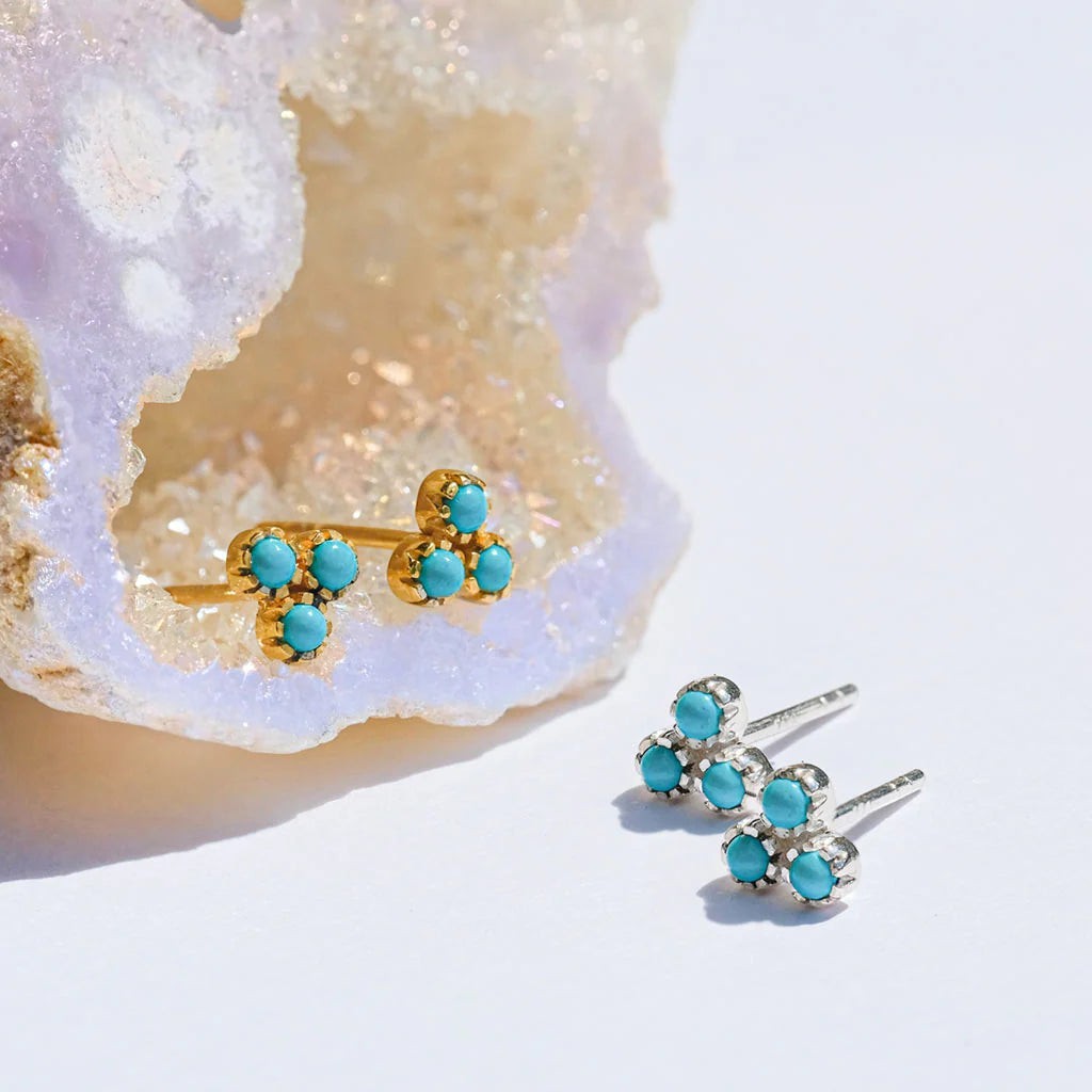 Niche Jewellery Charlotte's Web Threeni stud earrings featuring three turquoise stones set in sterling silver.