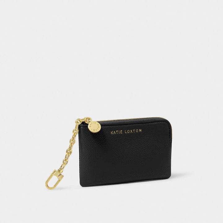 Niche Jewellery Katie Loxton Tilly keychain purse in black vegan leather with gold hardware and zip closure.
