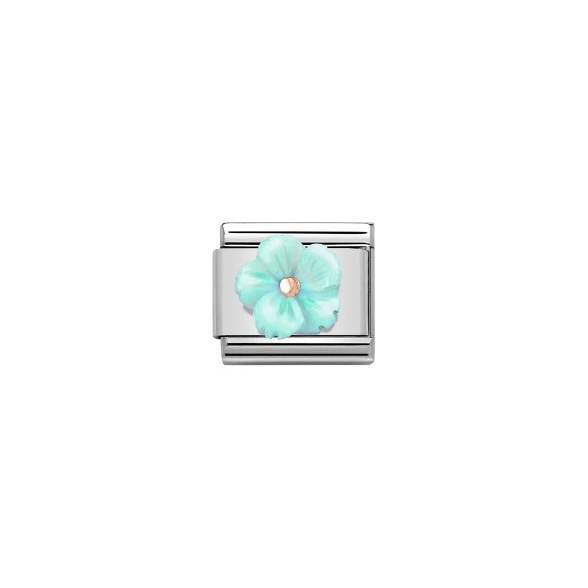 Niche Jewellery Nomination charm featuring a turquoise mother of pearl flower with a rose gold centre on steel link