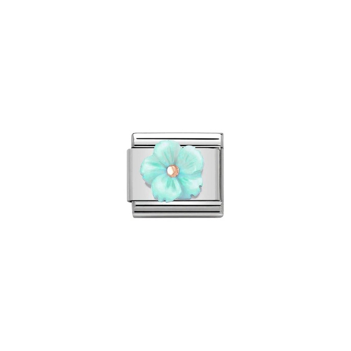 Niche Jewellery Nomination charm featuring a turquoise mother of pearl flower with a rose gold centre on steel link