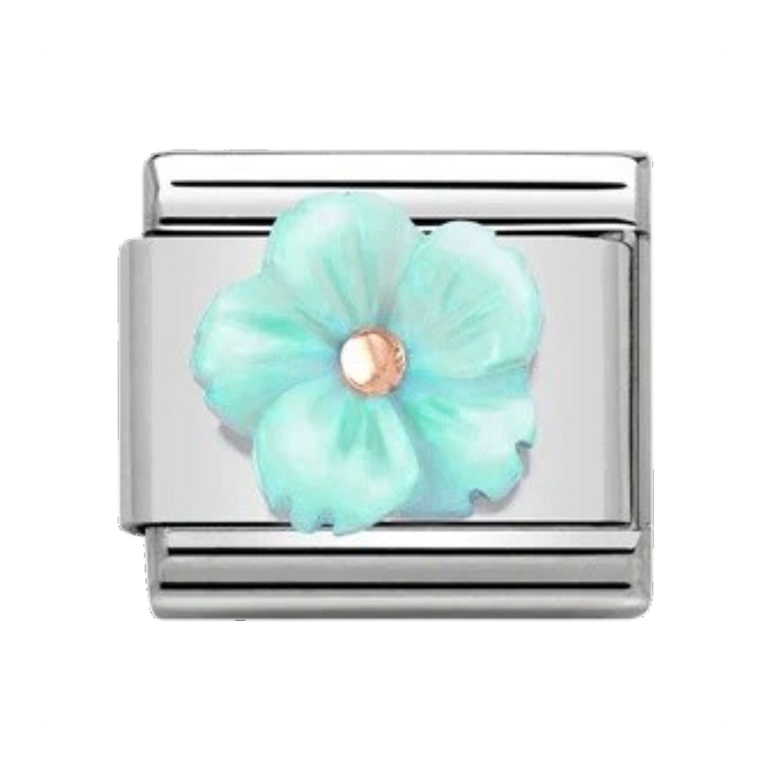 Niche Jewellery Nomination charm featuring a turquoise mother of pearl flower with a rose gold centre on steel link