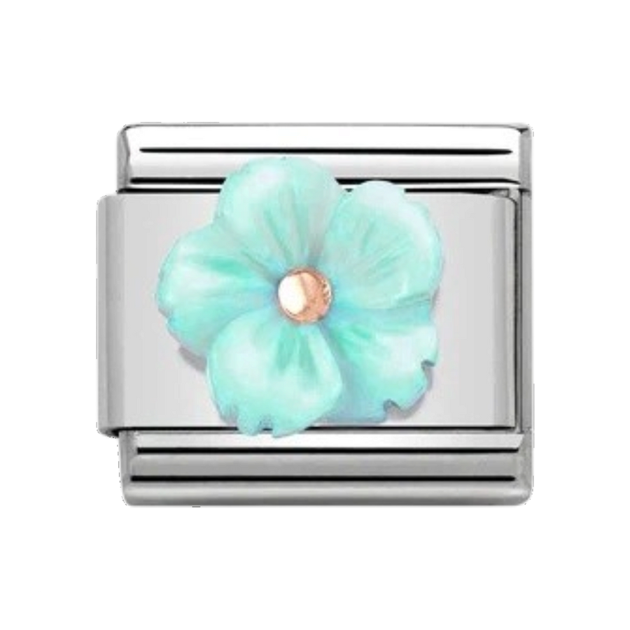 Niche Jewellery Nomination charm featuring a turquoise mother of pearl flower with a rose gold centre on steel link