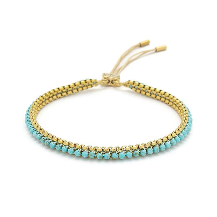 Niche Jewellery Boho Betty Zena bracelet with turquoise howlite beads and gold-plated chain on an adjustable cord