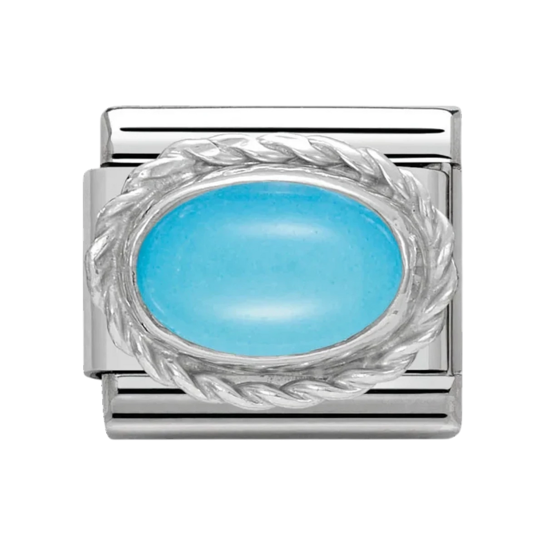 Niche Jewellery Nomination silver charm featuring an oval turquoise stone in a twisted rope setting