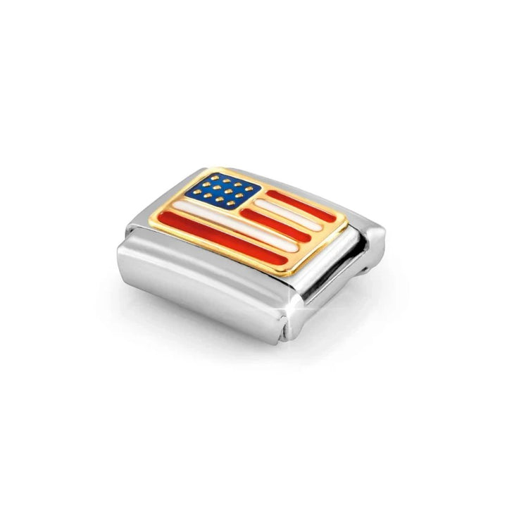 Niche Jewellery Nomination charm featuring an enamel United States flag design set in 18k gold and stainless steel.