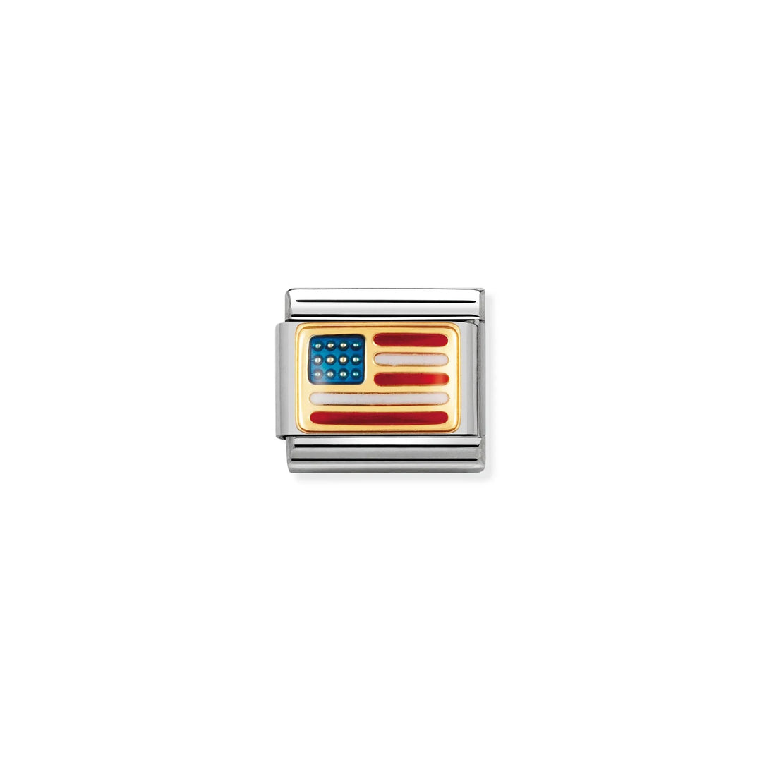 Niche Jewellery Nomination charm featuring an enamel and 18k gold United States flag design on a stainless steel link.
