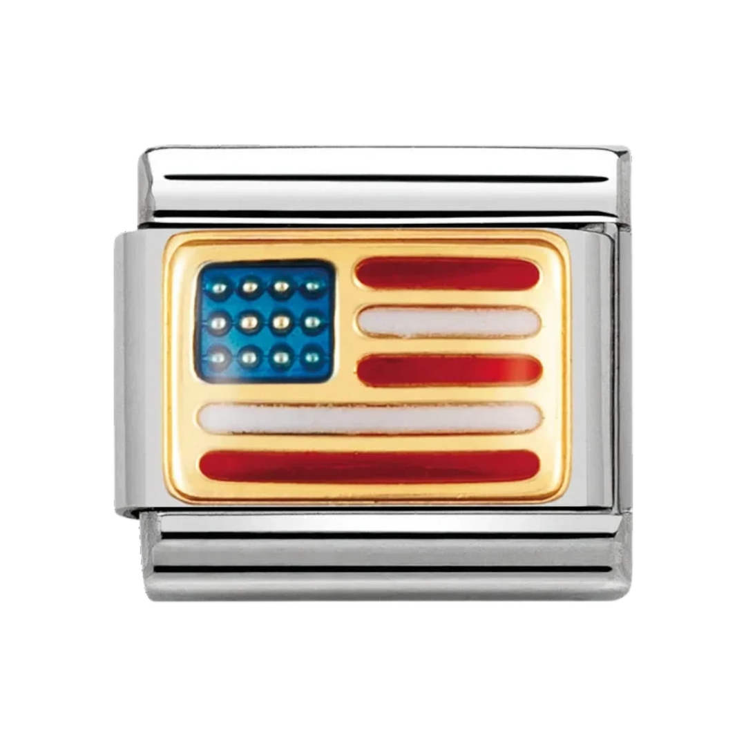 Niche Jewellery Nomination charm featuring an enamel and 18k gold United States flag design on a stainless steel link.