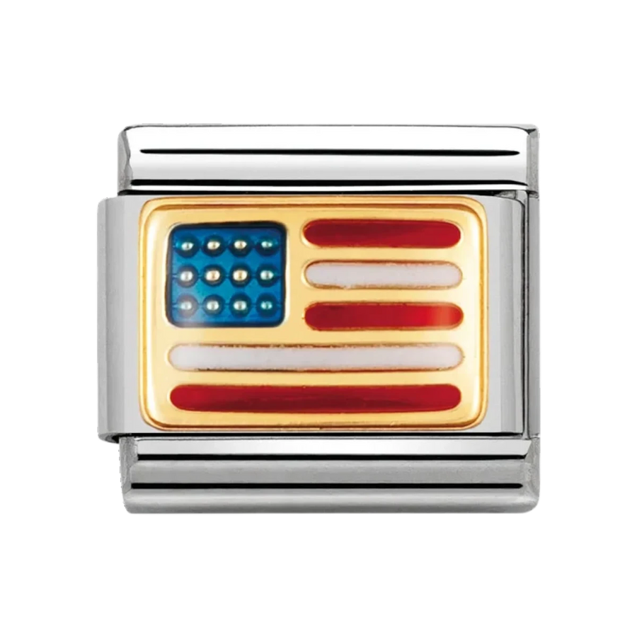 Niche Jewellery Nomination charm featuring an enamel and 18k gold United States flag design on a stainless steel link.