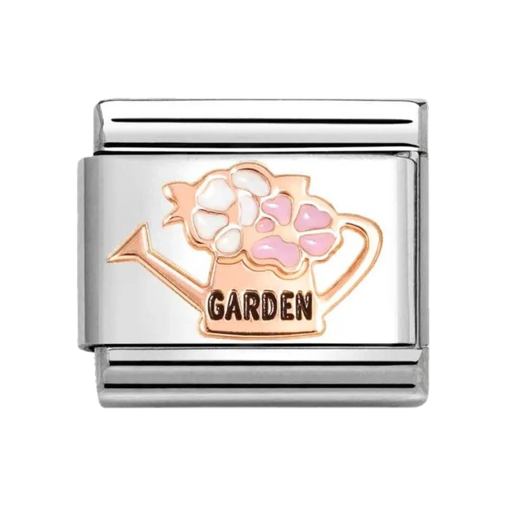 Niche Jewellery Nomination charm featuring a rose gold and enamel watering can with flowers on stainless steel link.