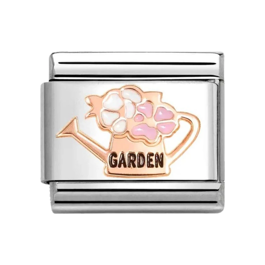 Niche Jewellery Nomination charm featuring a rose gold and enamel watering can with flowers on stainless steel link.