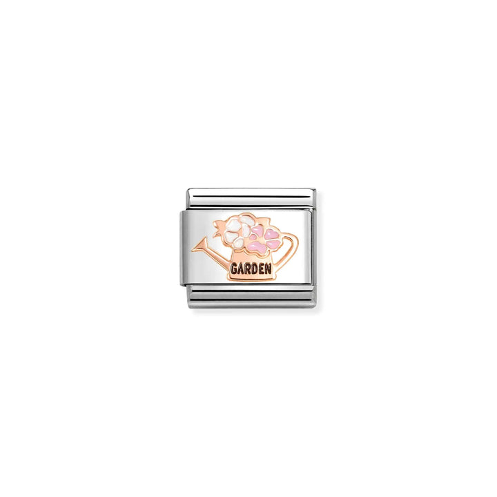 Niche Jewellery Nomination charm featuring a rose gold watering can with pink enamel flowers on stainless steel