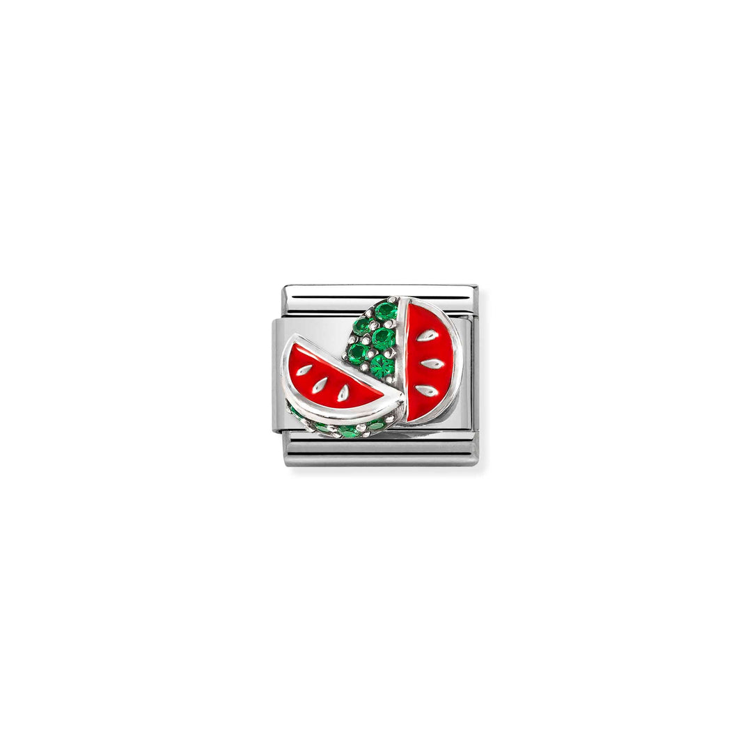 Niche Jewellery Nomination silver watermelon charm with red enamel and green cubic zirconia on a stainless steel link.