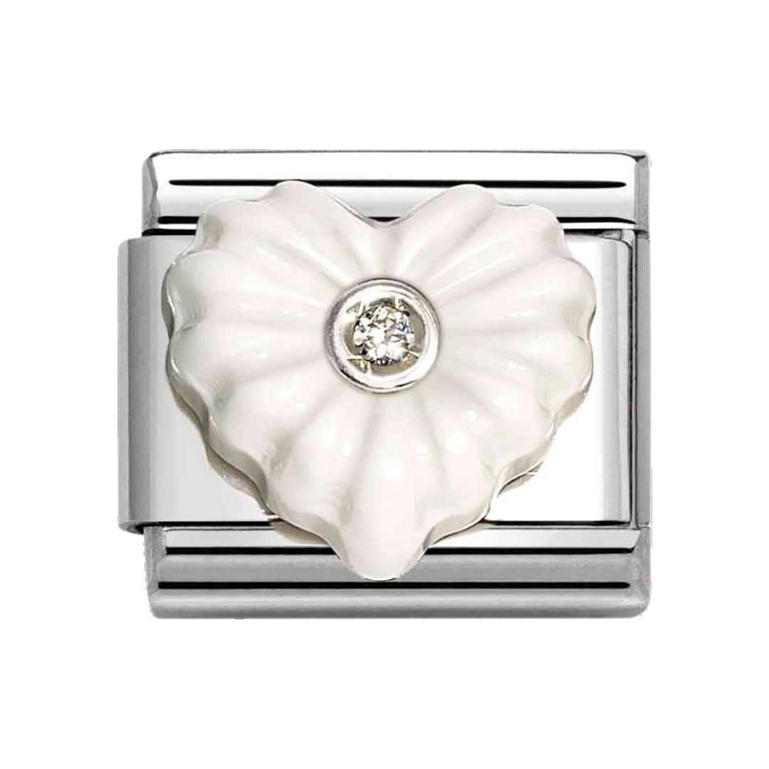 Niche Jewellery Nomination charm featuring a white stone heart with a central cubic zirconia on a silver link.