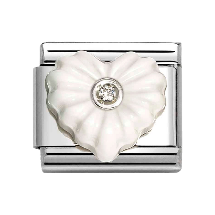 Niche Jewellery Nomination charm featuring a white stone heart with a central cubic zirconia on a silver link.