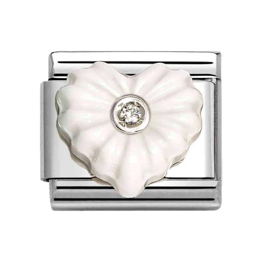 Niche Jewellery Nomination charm featuring a white stone heart with a central cubic zirconia on a silver link.