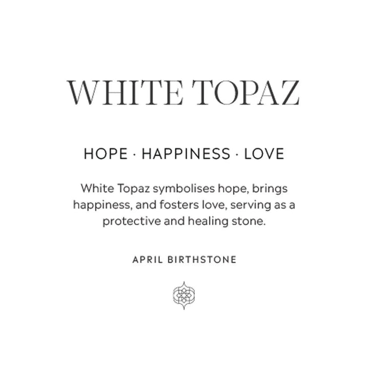 Niche Jewellery Charlotte's Web informational card about white topaz as the April birthstone, highlighting hope, happiness, and love.