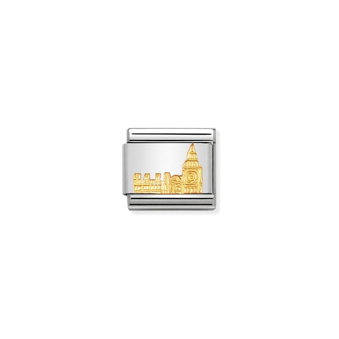 Niche Jewellery stainless steel and 18k gold Big Ben charm, compatible with Nomination bracelets.