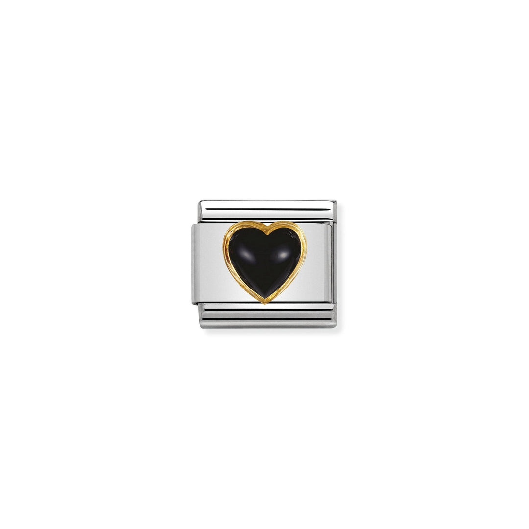 Niche Jewellery Nomination charm with a black agate heart and 18k gold trim on a stainless steel base.