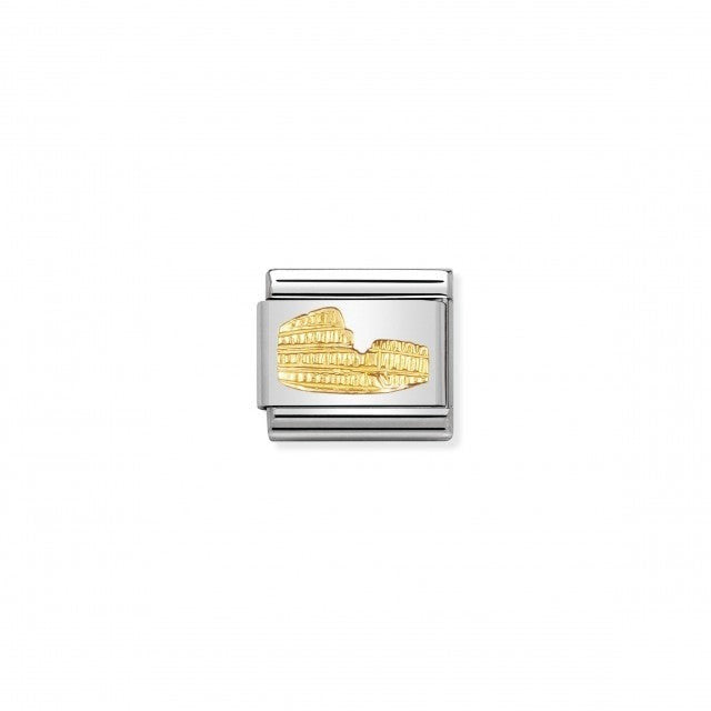 Niche Jewellery stainless steel and 18k gold Colosseum charm, a detailed replica of the Roman amphitheatre.