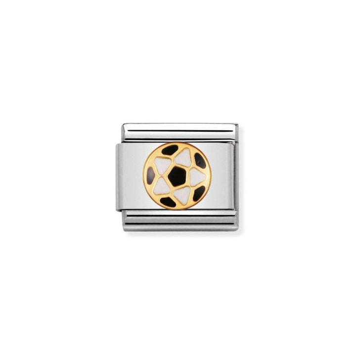 Niche Jewellery Nomination stainless steel charm with a gold, black, and white enamel football design.