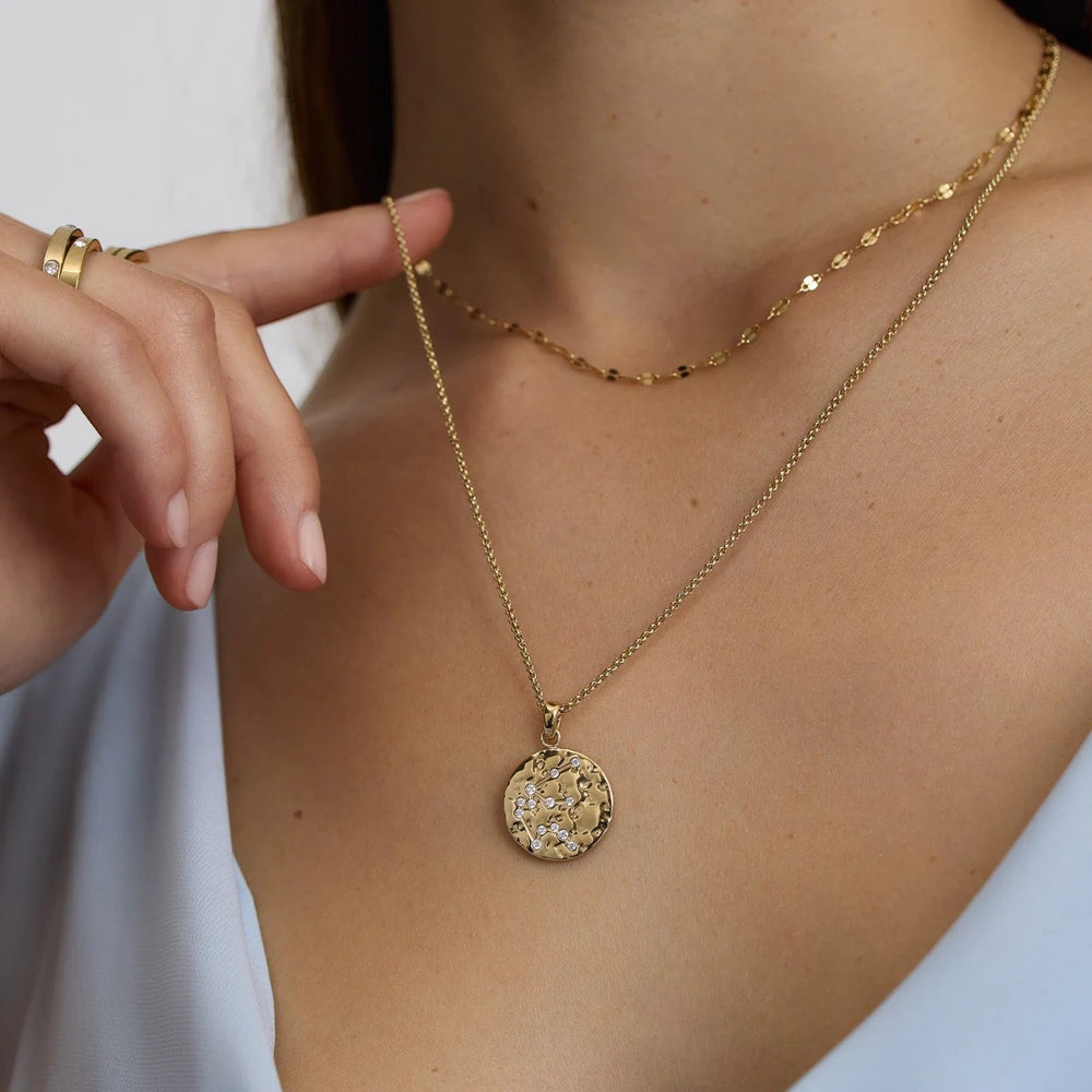 Niche Jewellery gold Aquarius zodiac talisman necklace with celestial symbol and cubic zirconia accents, layered with a delicate chain.