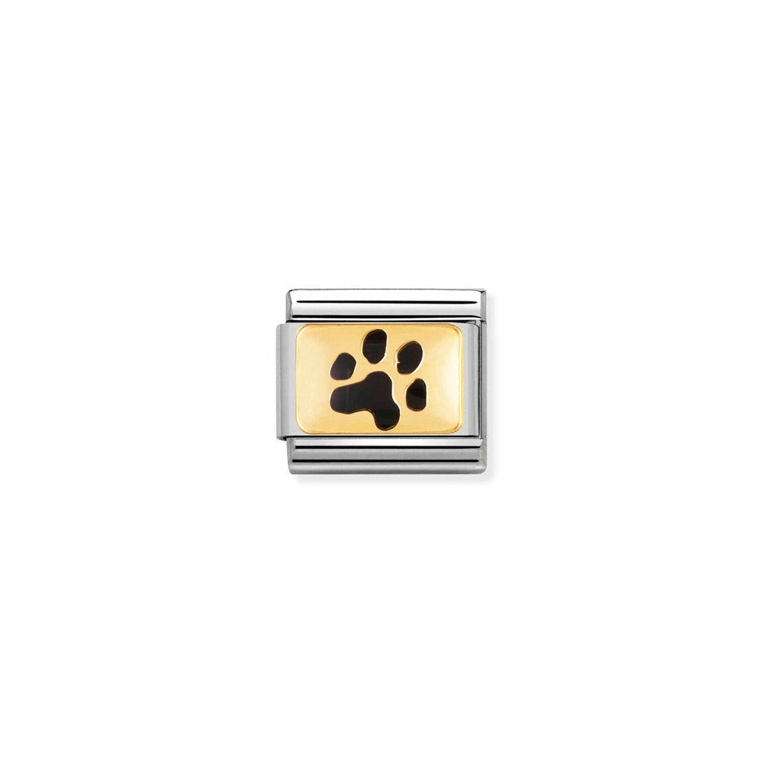 Niche Jewellery stainless steel charm with 18k gold plate and black enamel dog paw print. Compatible with Nomination bracelets.