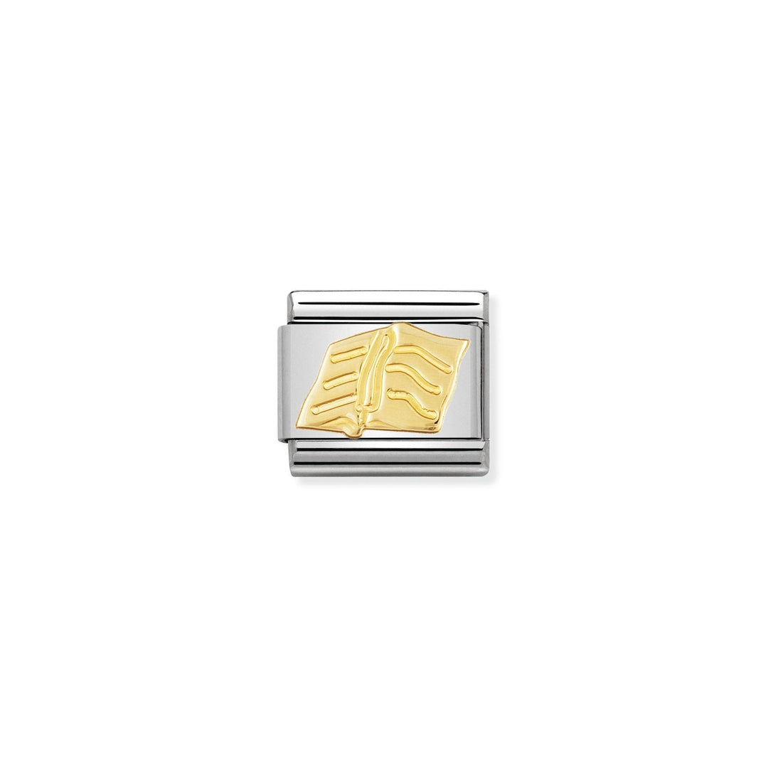Niche Jewellery stainless steel charm with 18k yellow gold open book design.