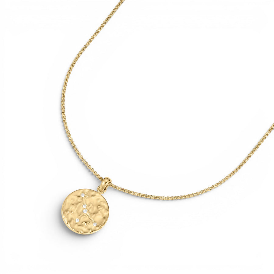 DLouise gold Cancer zodiac talisman necklace with hammered finish and small diamonds.