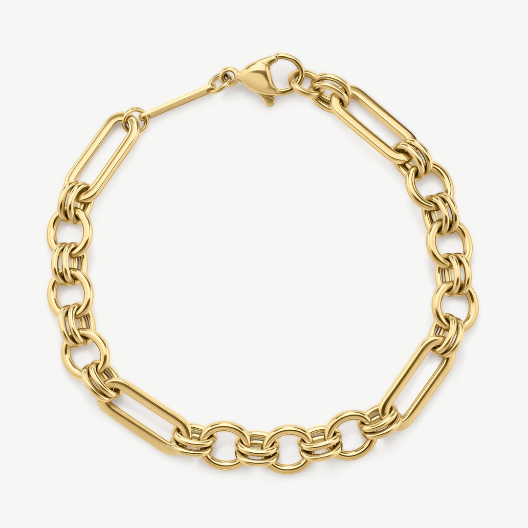 Niche Jewellery gold chain bracelet with sculptural oval and circular links, featuring a lobster clasp closure. Waterproof and tarnish-free.