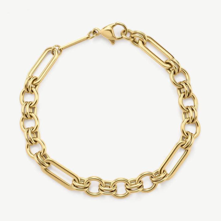 Niche Jewellery gold chain bracelet with sculptural oval and circular links, featuring a lobster clasp closure. Waterproof and tarnish-free.