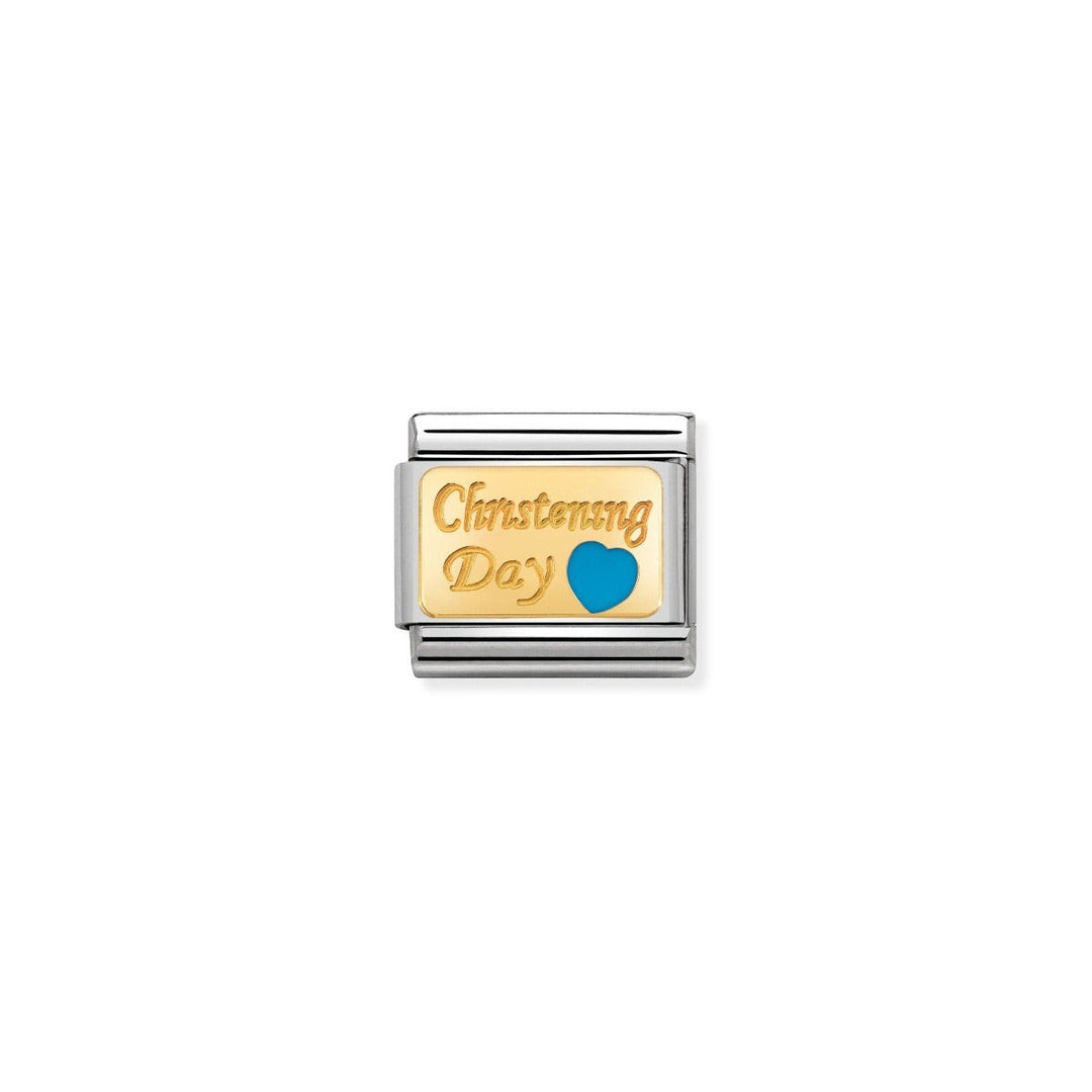 Niche Jewellery gold charm with blue enamel heart and 'Christening Day' engraving on stainless steel base.