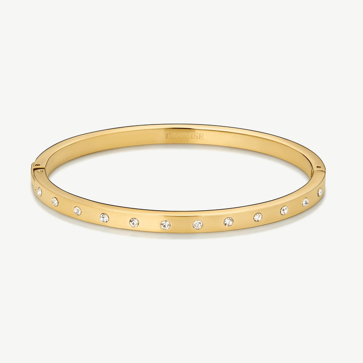 Niche Jewellery gold stainless steel bangle with scattered clear crystals and D. Louise logo engraving.