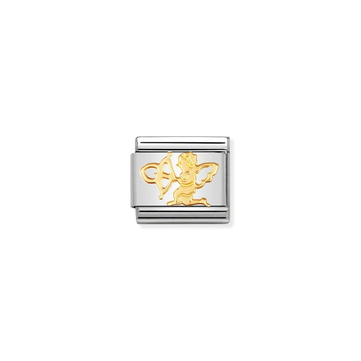 Niche Jewellery stainless steel and 18k gold charm with a cupid motif holding a bow and arrow.