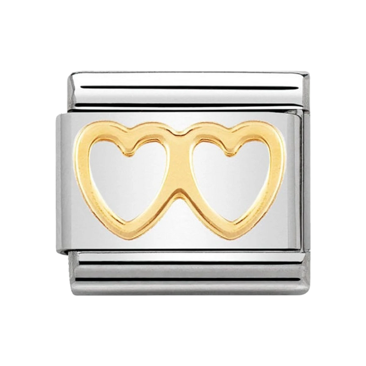 Niche Jewellery sterling silver charm with 18k gold plated double open hearts detail.