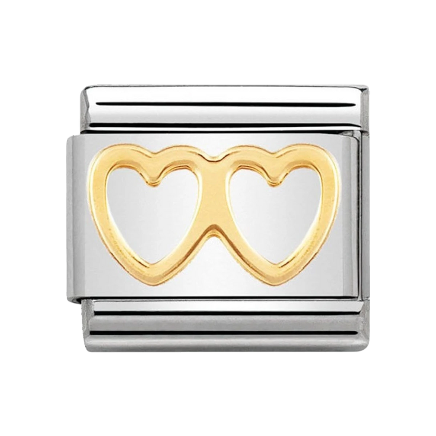 Niche Jewellery sterling silver charm with 18k gold plated double open hearts detail.