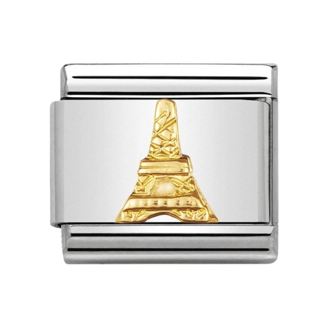 Niche Jewellery stainless steel charm with 18k gold Eiffel Tower detail. Perfect for travel-themed bracelets.