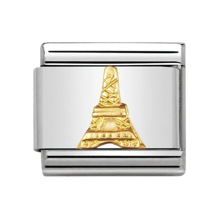 Niche Jewellery stainless steel charm with 18k gold Eiffel Tower detail. Perfect for travel-themed bracelets.