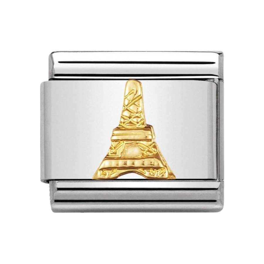 Niche Jewellery stainless steel charm with 18k gold Eiffel Tower detail. Perfect for travel-themed bracelets.