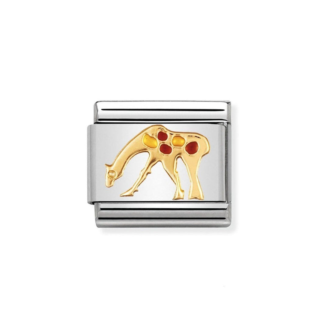 Niche Jewellery gold giraffe charm with orange and yellow enamel spots on a silver base.