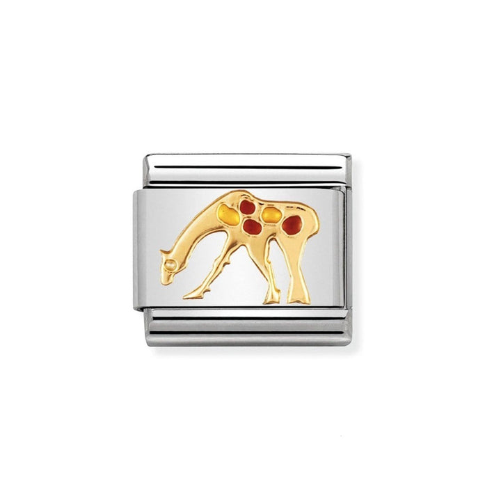 Niche Jewellery gold giraffe charm with orange and yellow enamel spots on a silver base.