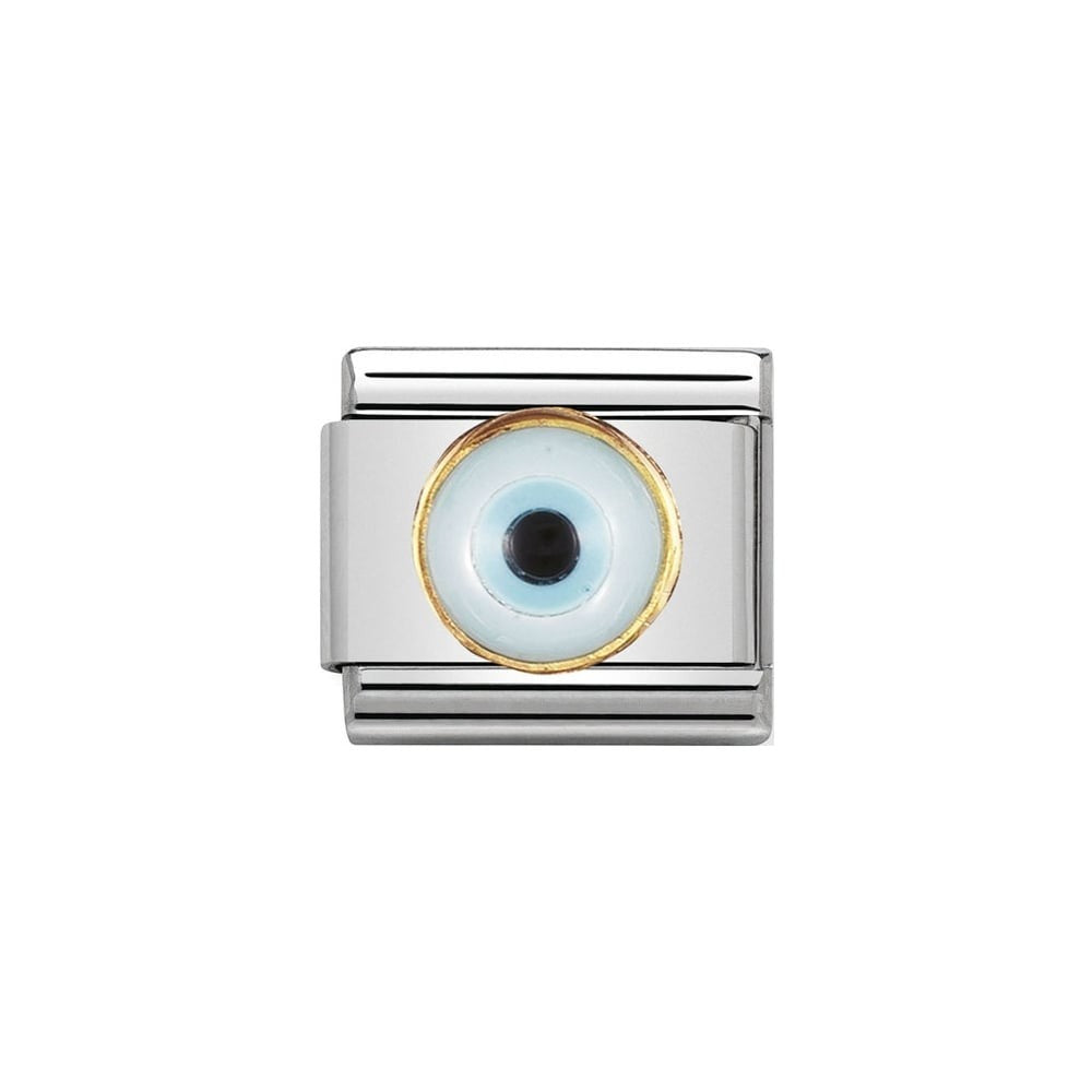 Niche Jewellery Nomination gold charm with blue and white Greek eye design, symbolising protection and good fortune.