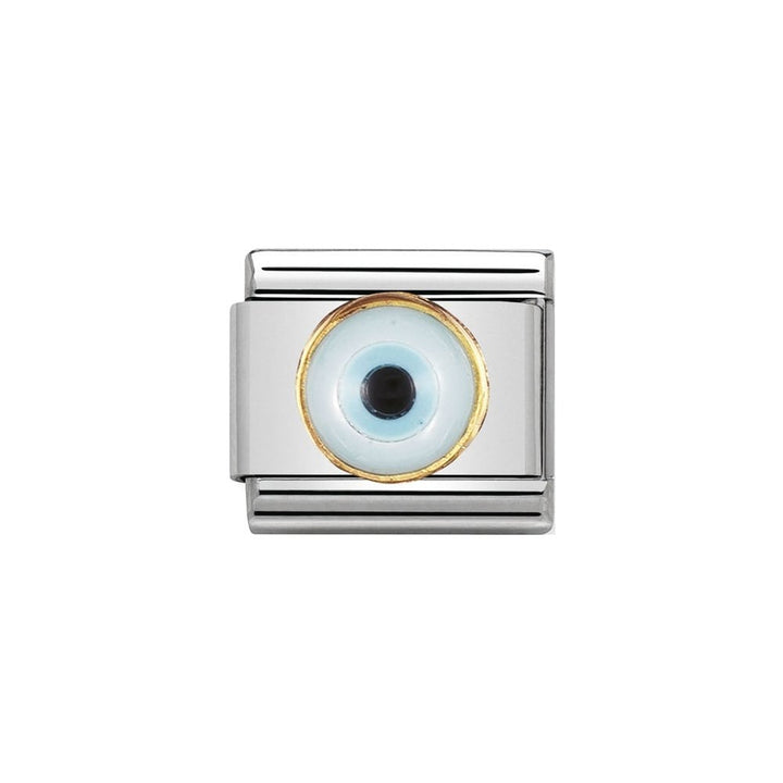 Niche Jewellery Nomination gold charm with blue and white Greek eye design, symbolising protection and good fortune.