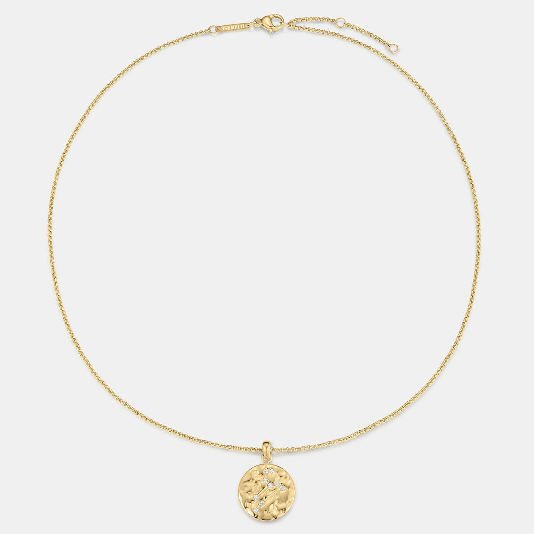 DLouise gold Leo zodiac talisman necklace with hammered finish and small diamonds. Water-resistant and tarnish-resistant.