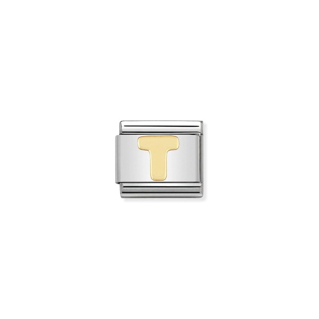 Niche Jewellery stainless steel charm with 18ct yellow gold plating, featuring the letter T. Designed for Nomination Composable bracelets.